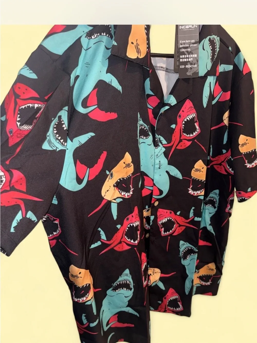 Black Short-Sleeve Shark Print Button-Down Shirt for Fishing!